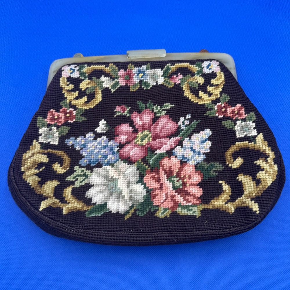 Vintage Needlepoint‎ Floral Lucite Frame Handbag Christine Custom Bags Tapestry